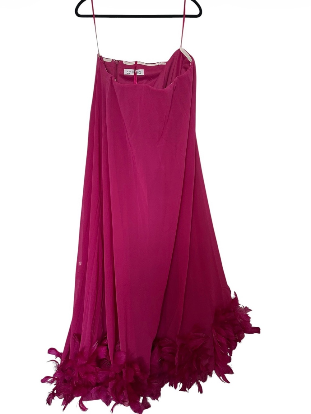 Mac Duggal Strapless Flared Feather Hem Gown Fuchsia colored